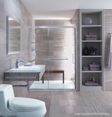 Trends to Try - Bathrooms Picture of new remodeled bathroom showing new bathroom design trends like chrome fixtures and neutral tones of gray