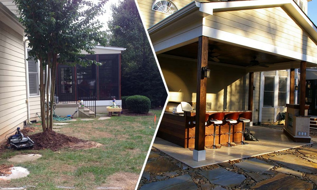 Before and after outdoor porch with bar and fireplace
