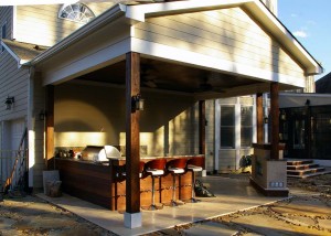Completed outdoor porch with bar, grill and fireplace