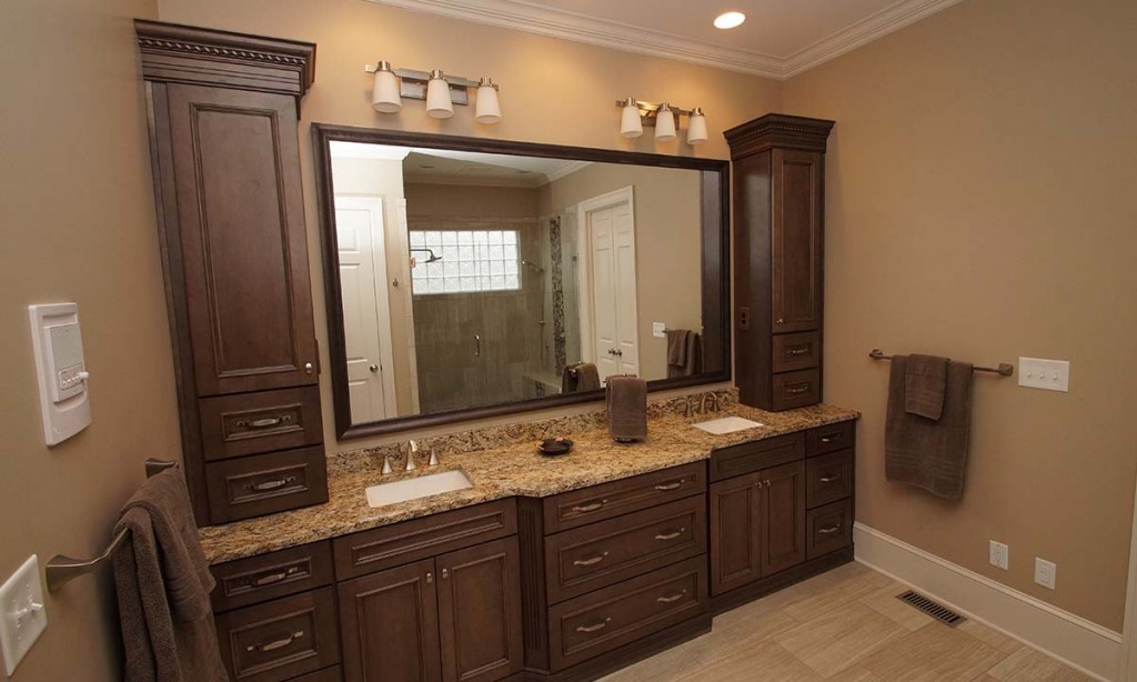 New master bathroom vanity with granite countertop and beautiful mirror