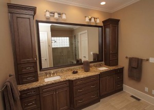 New master bathroom vanity with granite countertop and beautiful mirror