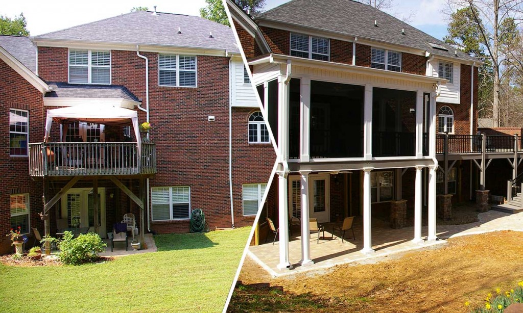 Deck renovation and screened porch addition before and after
