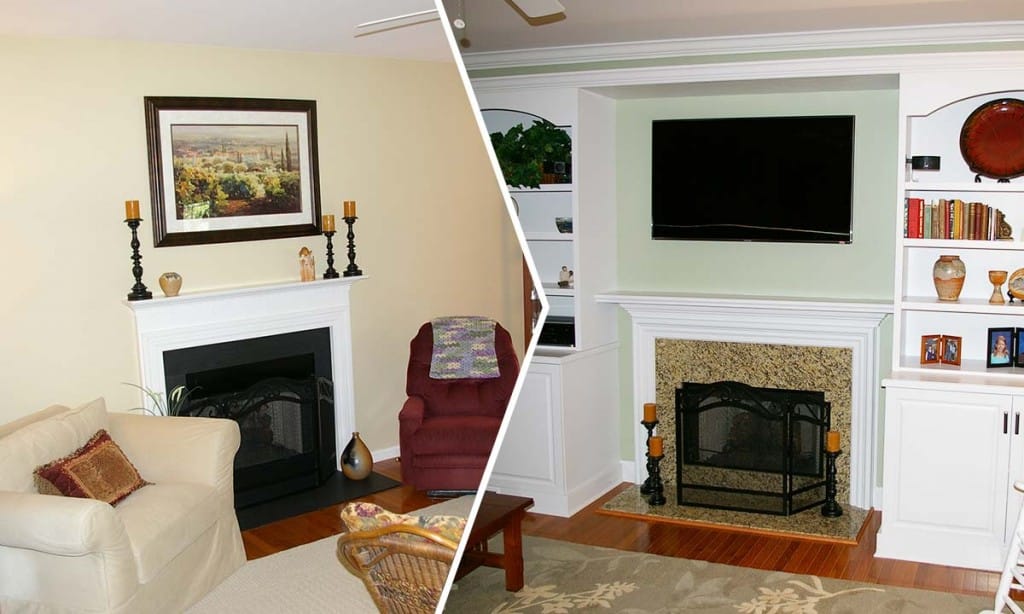 Before and after photo comparison of the family room makeover