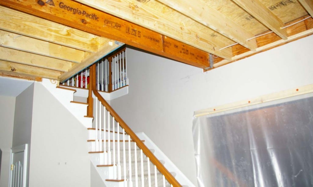 Picture of a foyer conversion in construction with a view of the staircase