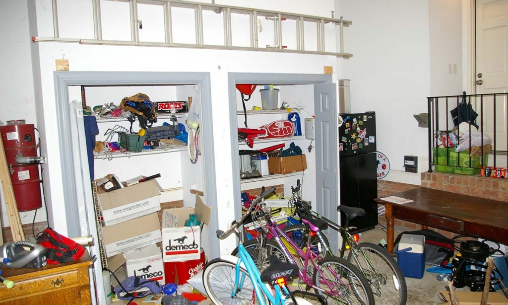 Before remodeling, this picture shows an unorganized stack of items that could be fixed with more storage area