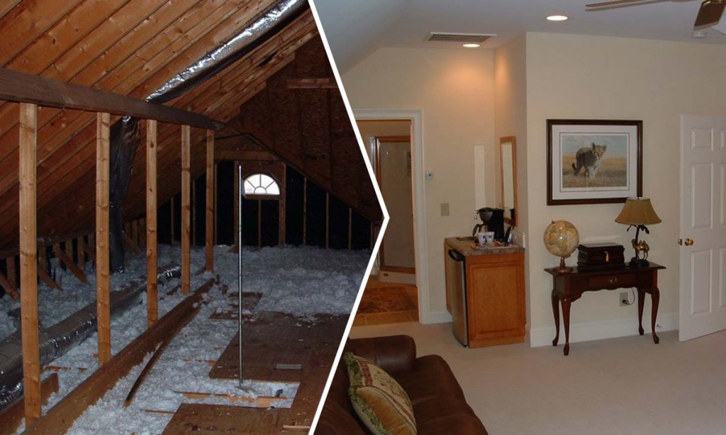 Before and after the attic conversion with a partial view of the new bathroom and home office