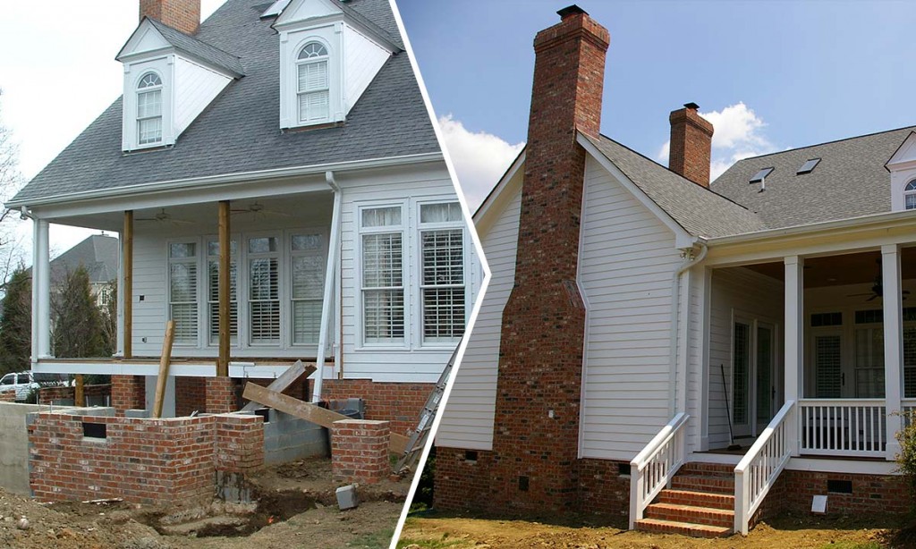 This photo shows the before and after comparison of a major home renovation and addition done in an upscale Charlotte, NC neighborhood