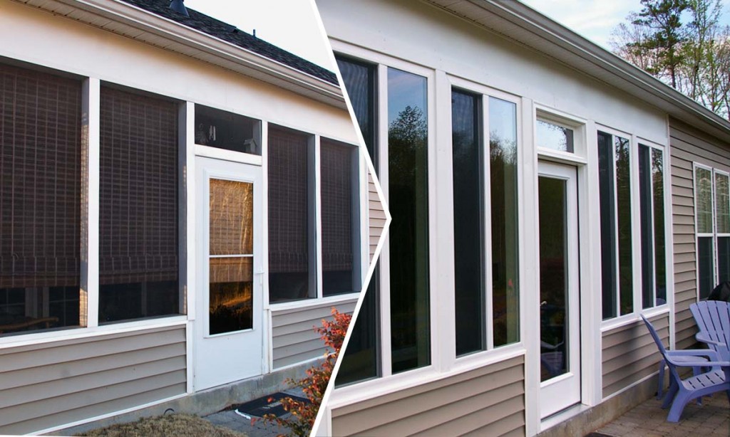 Before and after photos of the screened porch to sunroom conversion