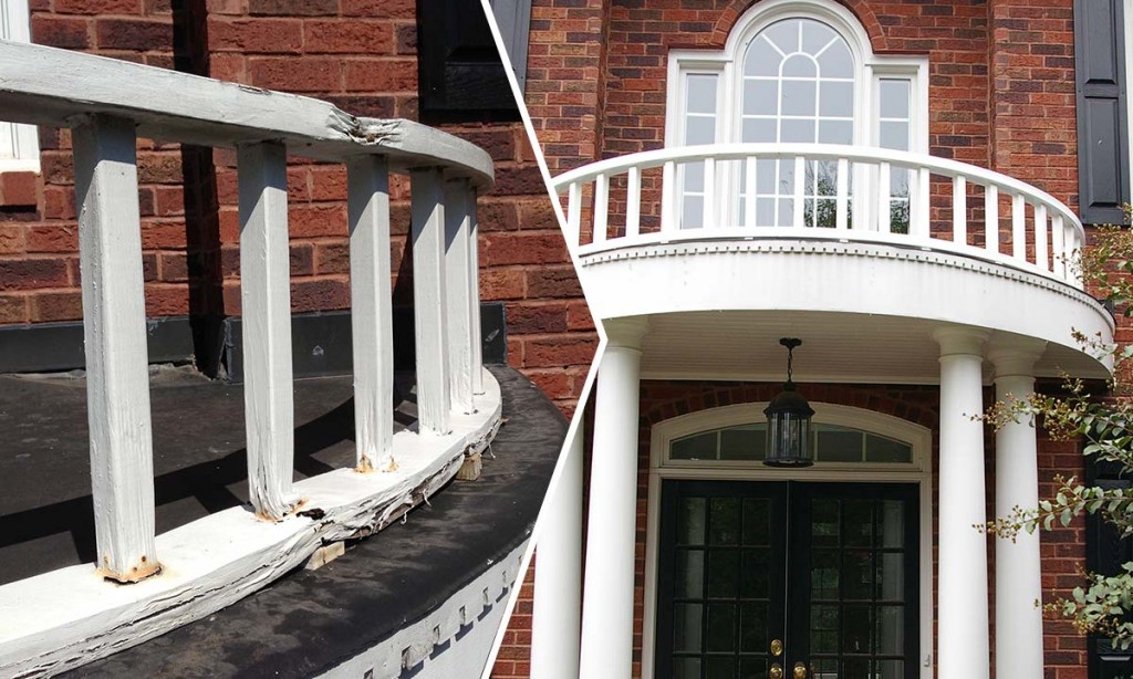 Portico railing before and after repair