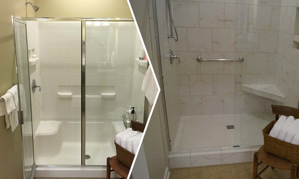 Before and after comparison of acrylic tub replaced with walk-in shower