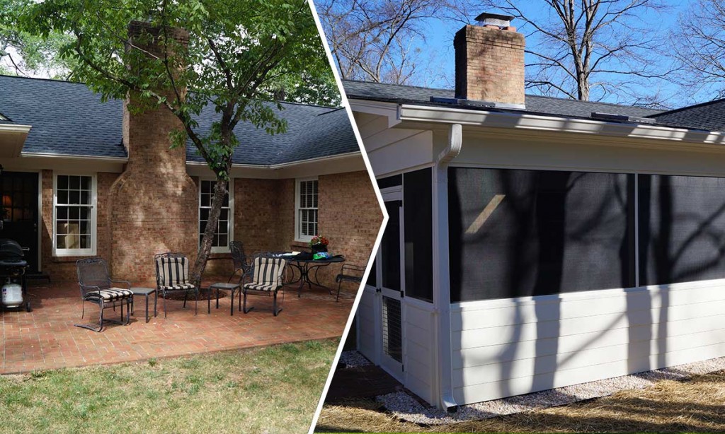 Screened porch addition before and after