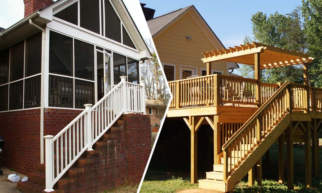 Before and after comparison photo of screened porch to sunroom conversion with new extended deck and sunken hot tub.