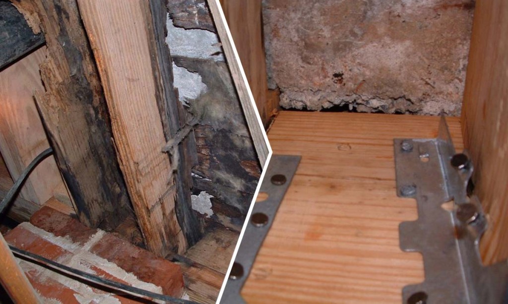 The leaks had rotted out the bathroom floor, leaving the sagging concrete base as only support