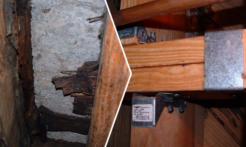 Before and after repairing the wood rot without disturbing the flooring and fixtures above