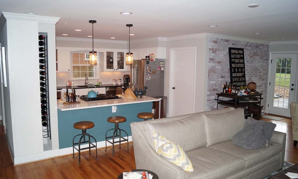 After photo of the whole house remodel for open concept kitchen, bar and living room