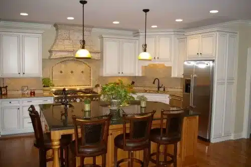 kitchen remodel with range hood oven and kitchen island