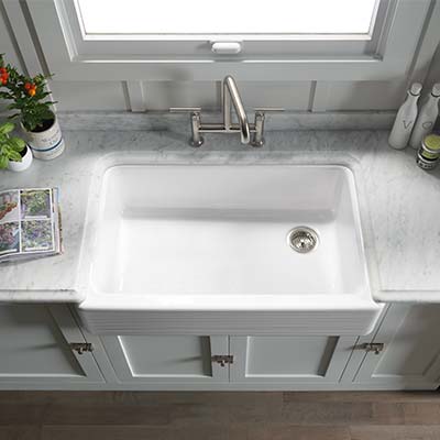 Top view of a Hayridge design on Whitehaven kitchen sink with a Purist kitchen faucet. 