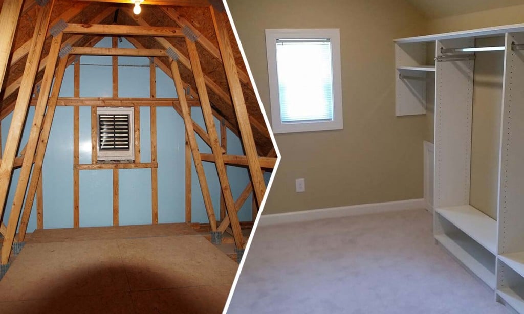 Before and after attic conversion to master bedroom closet