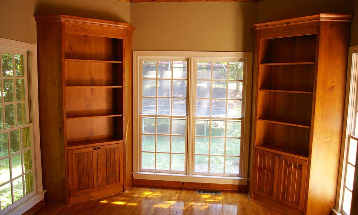 home office with custom wood shelves