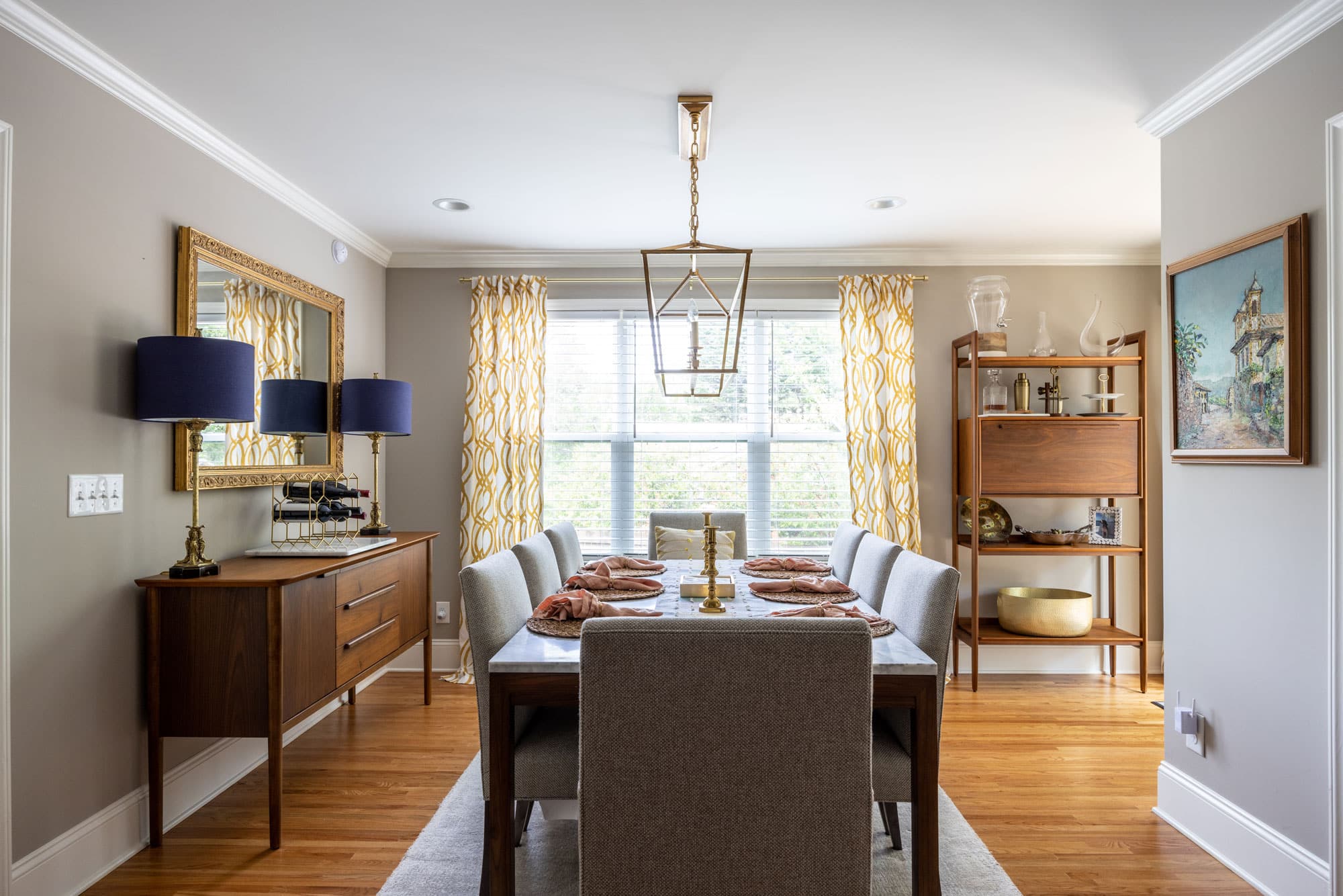 dining room remodel with gold fixture accents