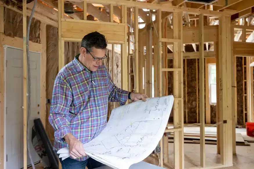 gary palmer looking at plans in home under going construction