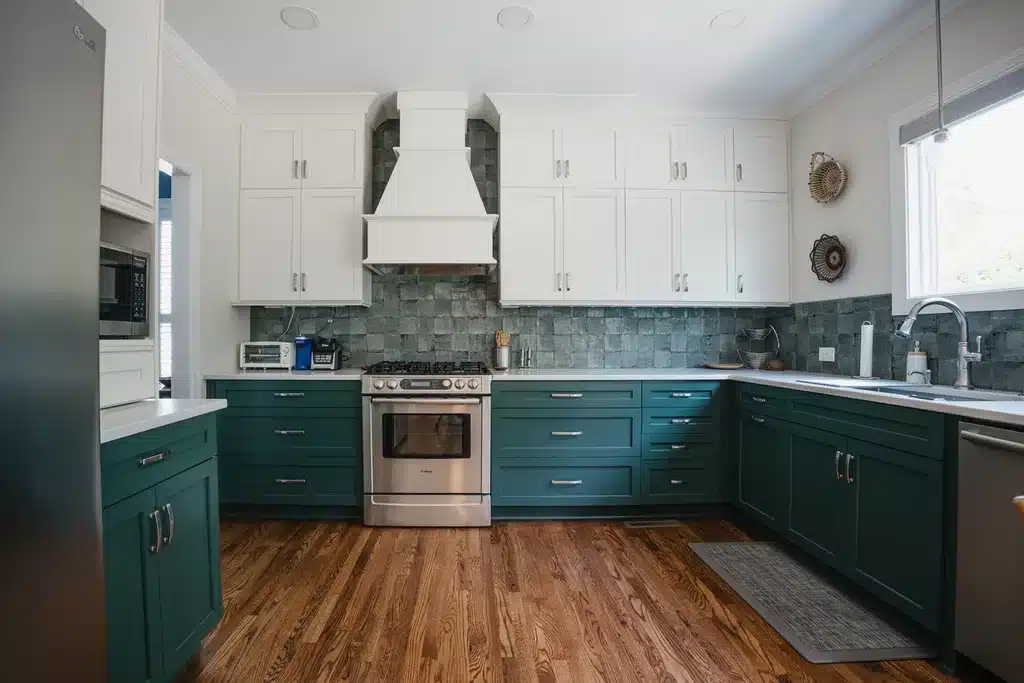 kitchen remodel with green lower cabinets and white upper cabinets