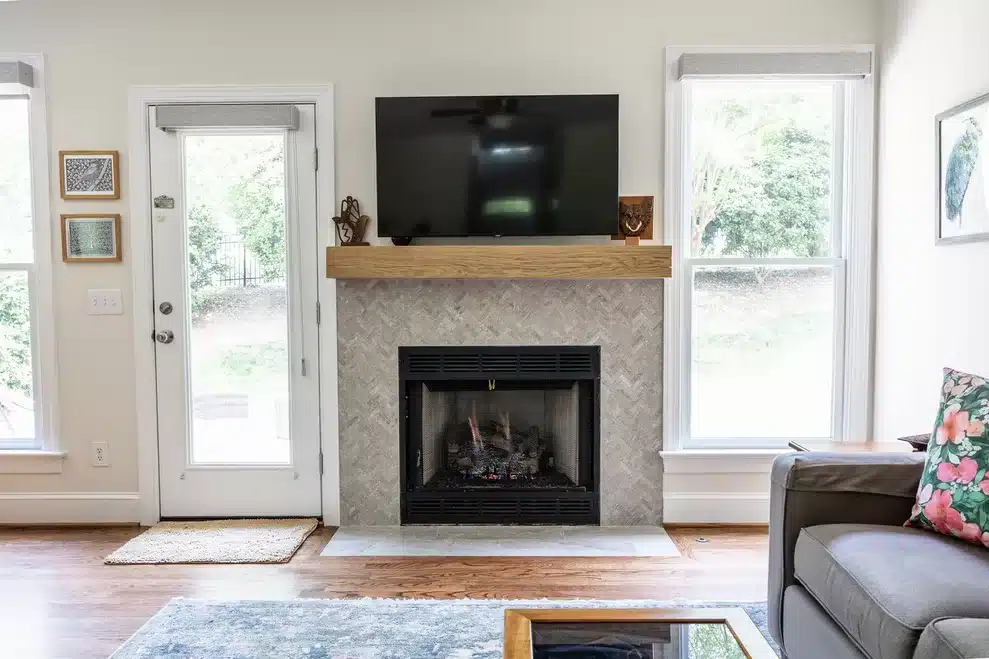 fireplace with wood mantel