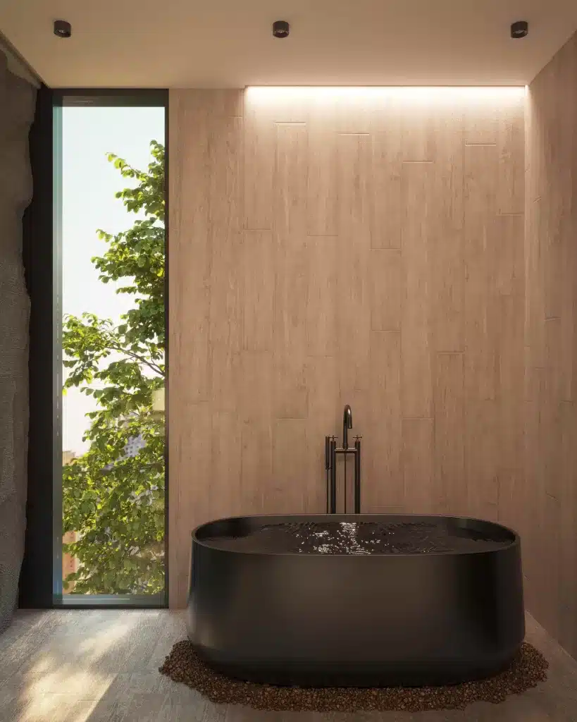 black bathtub with natural wood spa-like bathroom