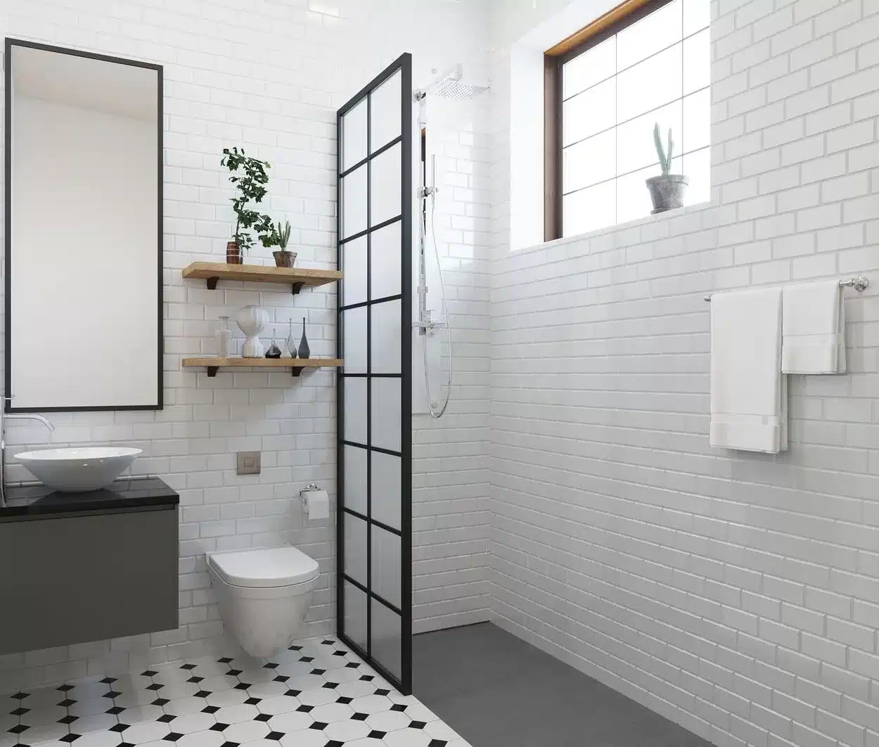 black and white bathroom with shower window