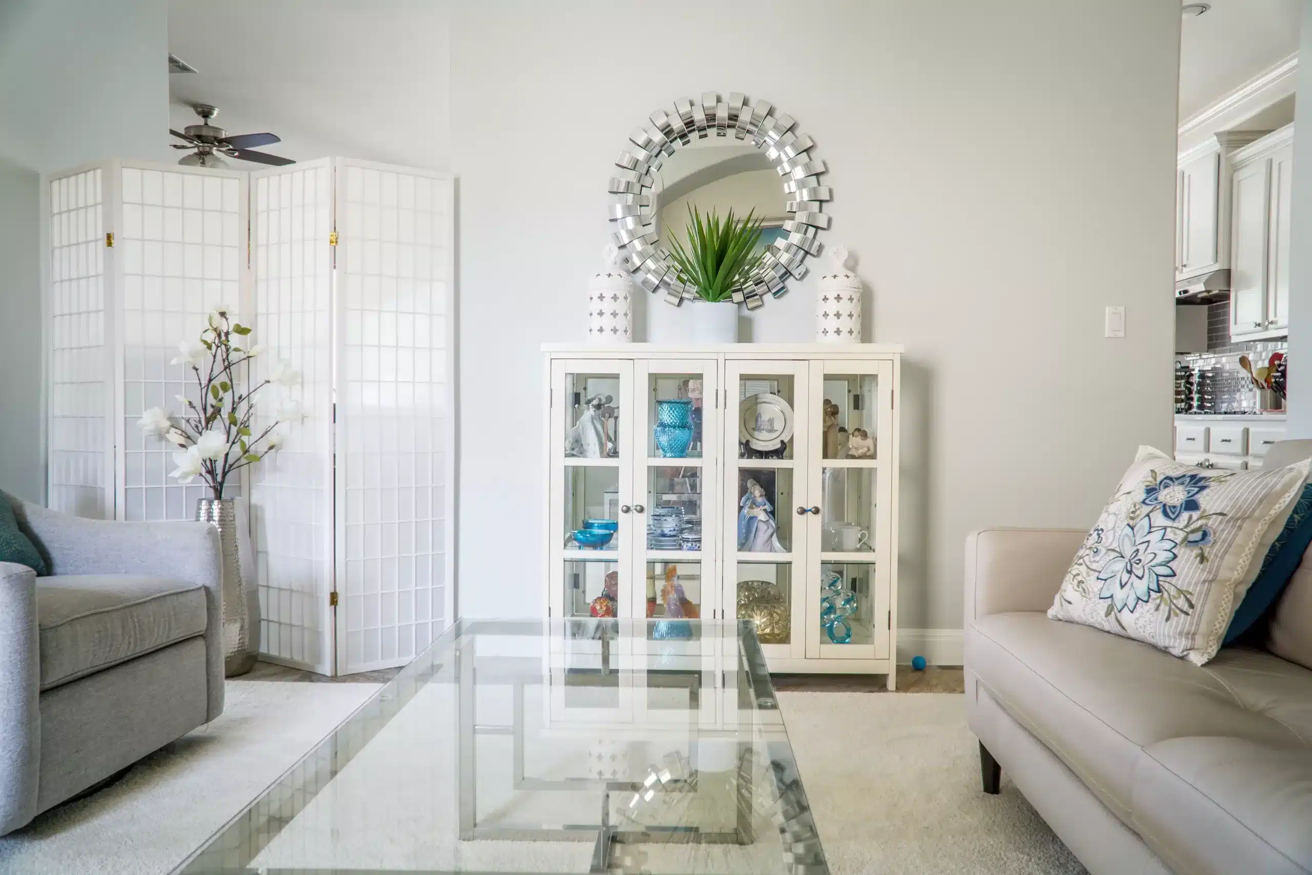 living room organized cabinet with decor