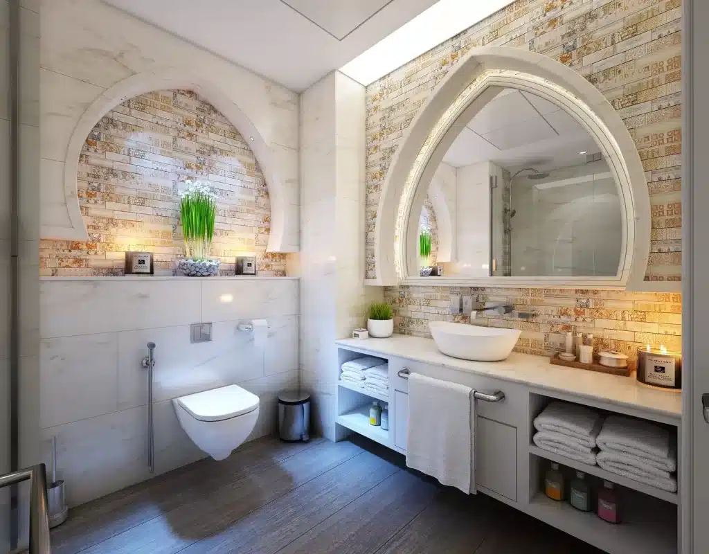 luxury construction primary bathroom with natural stone tile