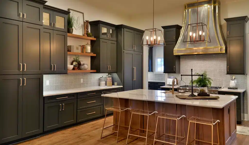 dark kitchen cabinets with open wooden shelving