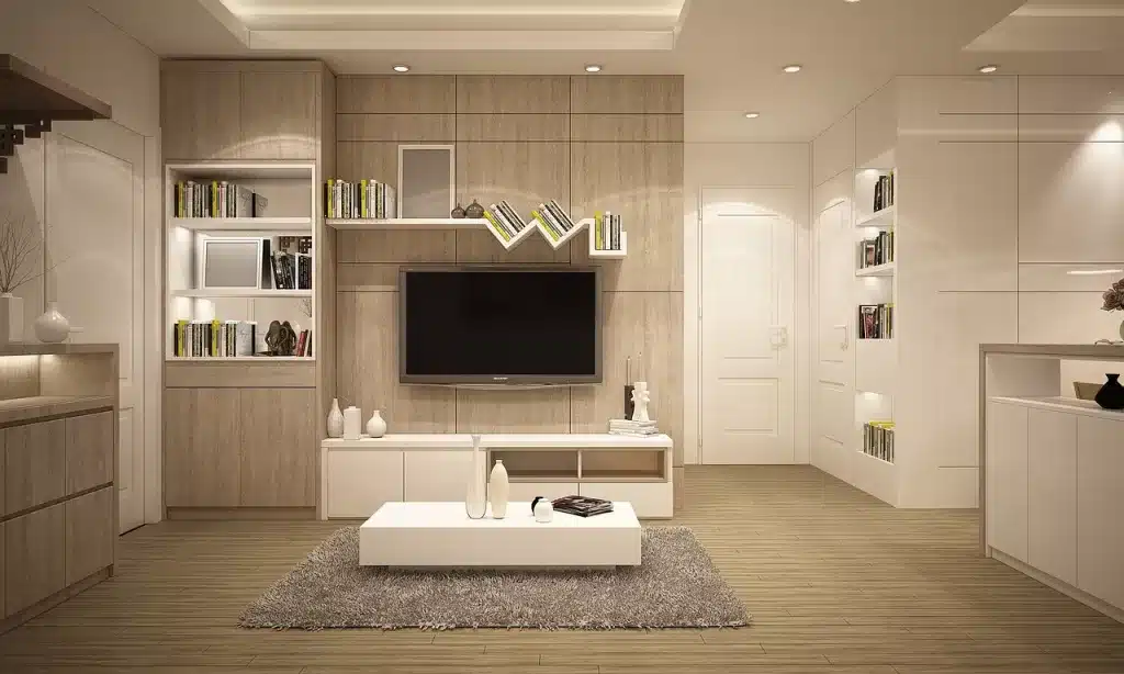 modern living room with low to floor coffee table and all neutral colors