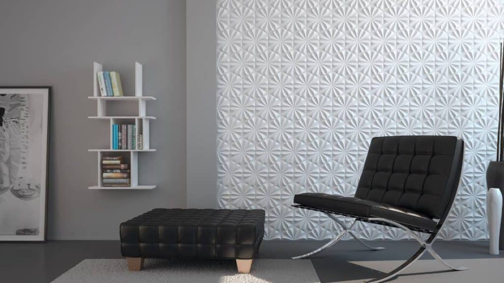 white statement tile wall in home office shape of flowers