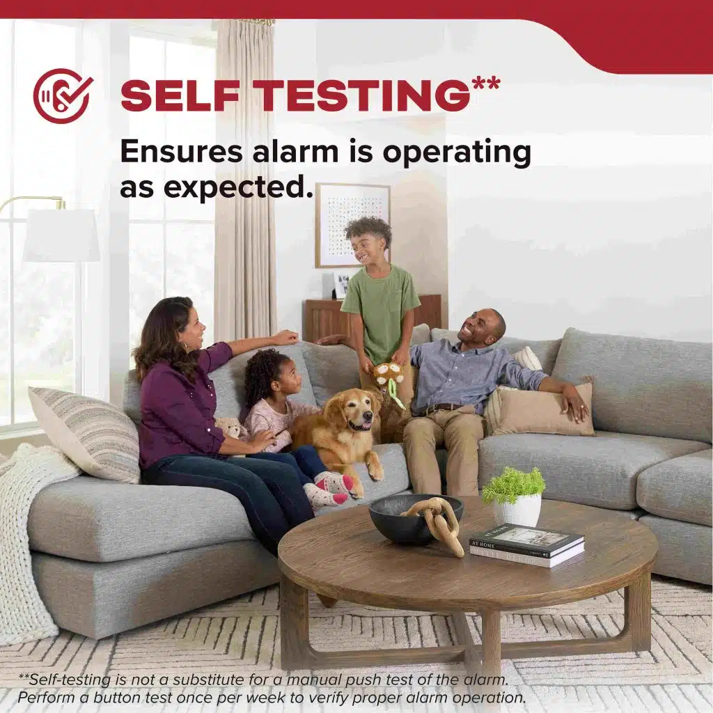 image of family gathered in living room with words saying self testing ensures alarm is operating as expected