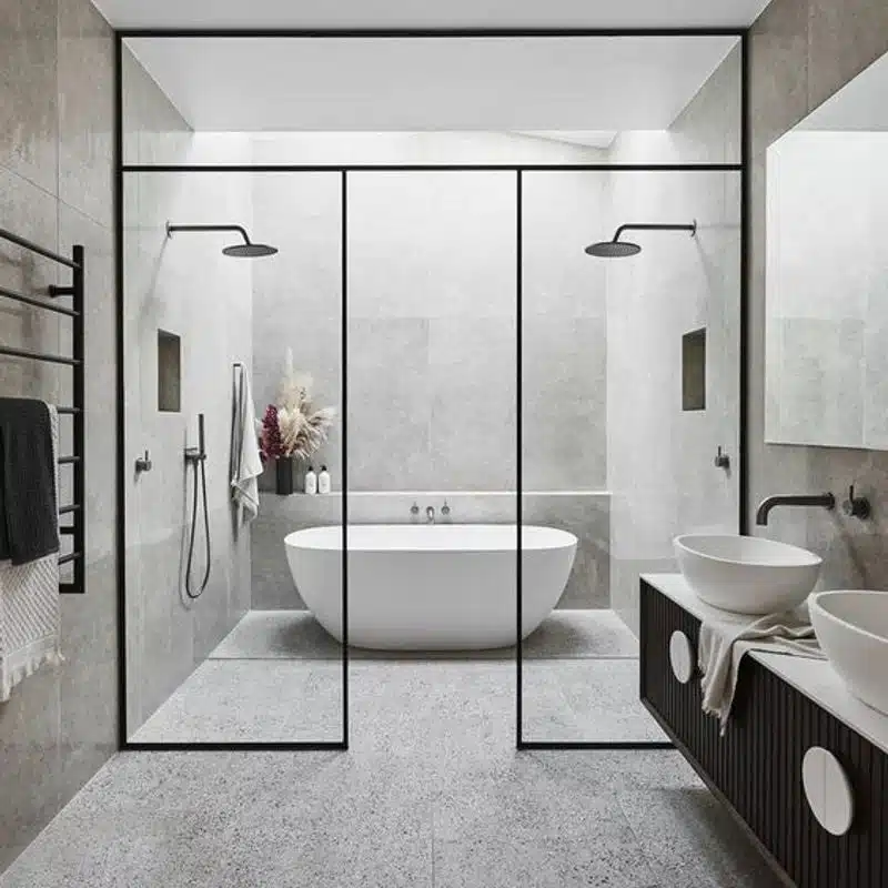 modern walk in shower with dual showers heads and stand alone soaking tub in between