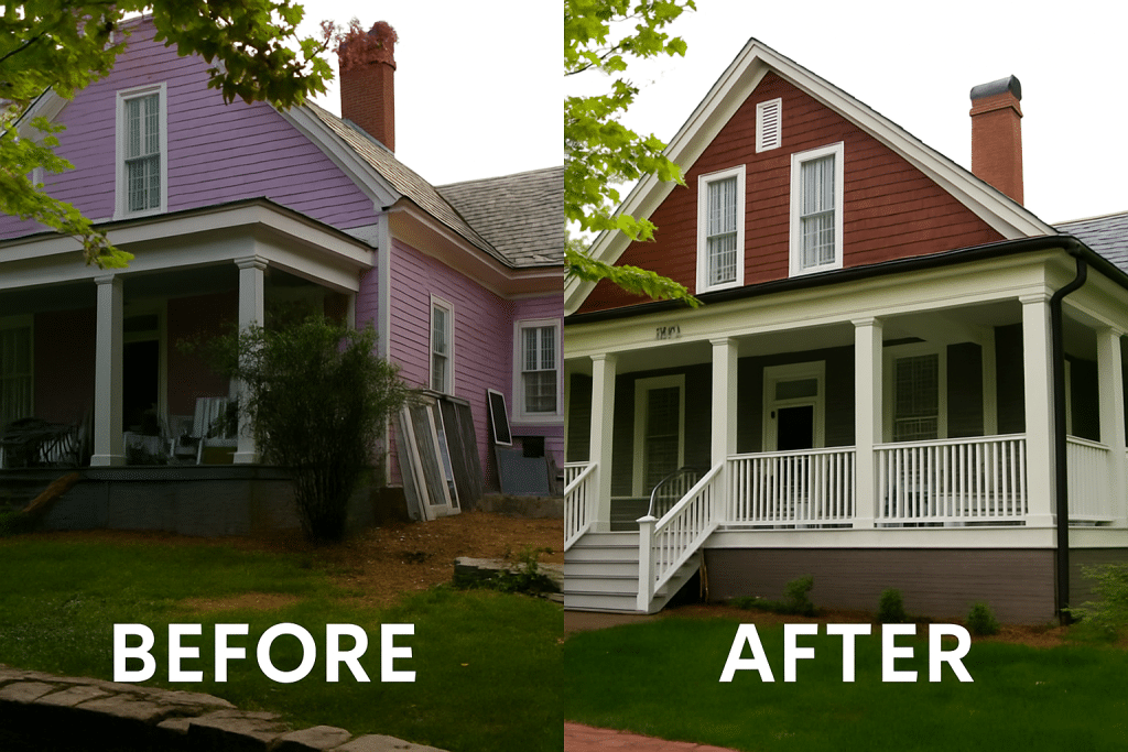 before and after of front porch of an older Charlotte home. Renovated created wrap around covered front porch with staircase