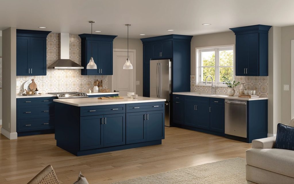all navy blue kitchen with light oak floors with kitchen island no barstools