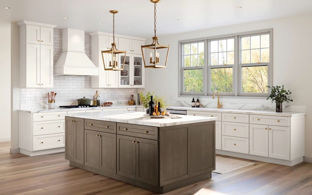 remodeled ktchen with natural wood island and white surrounding kitchen cabinets with windows over the sink looking outside