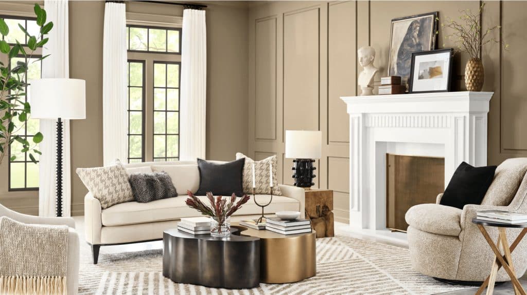 khaki living room walls with molding for elegant grand look