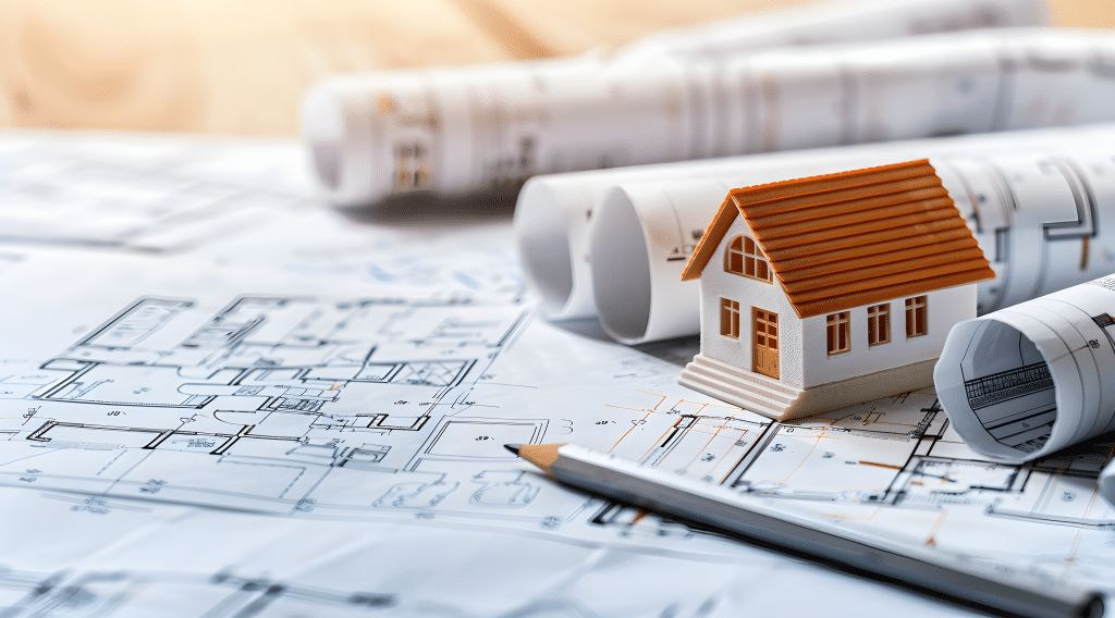 architect plans with little toy house sitting on top